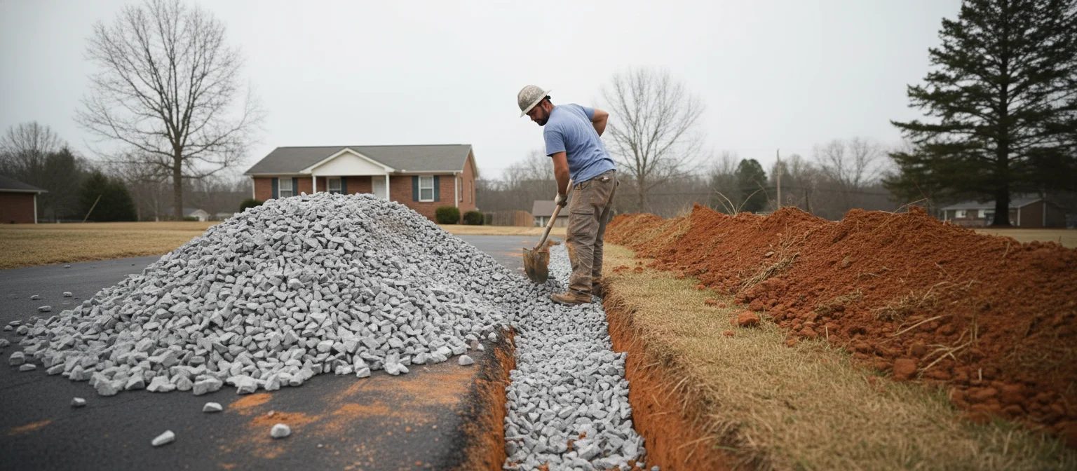 NC driveway 67 stone -- angular gray drainage aggregate loaded into trench