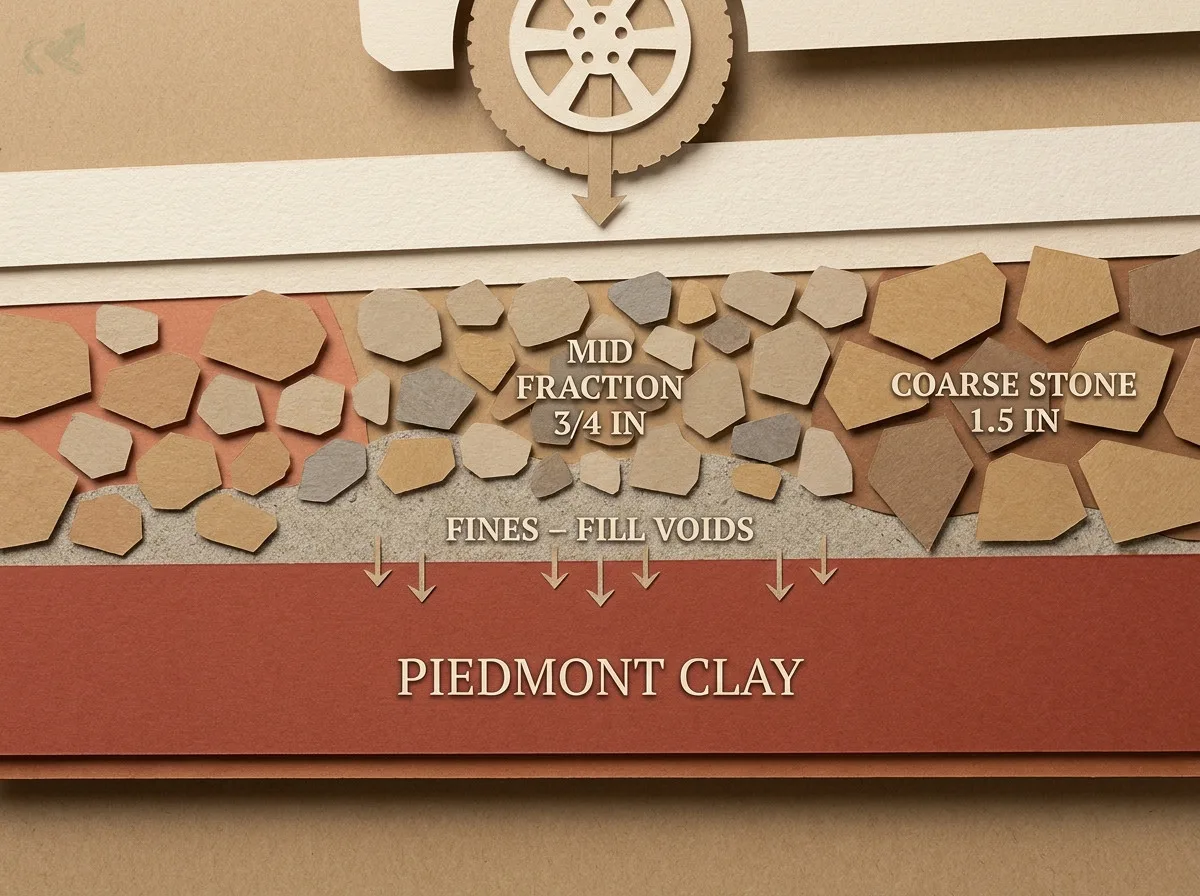 Papercraft cross-section of a driveway base showing three ABC gradation fractions -- coarse 1.5-inch stone, mid 3/4-inch fraction, and fines filling voids -- pressing down against a red Piedmont clay subgrade under a vehicle wheel