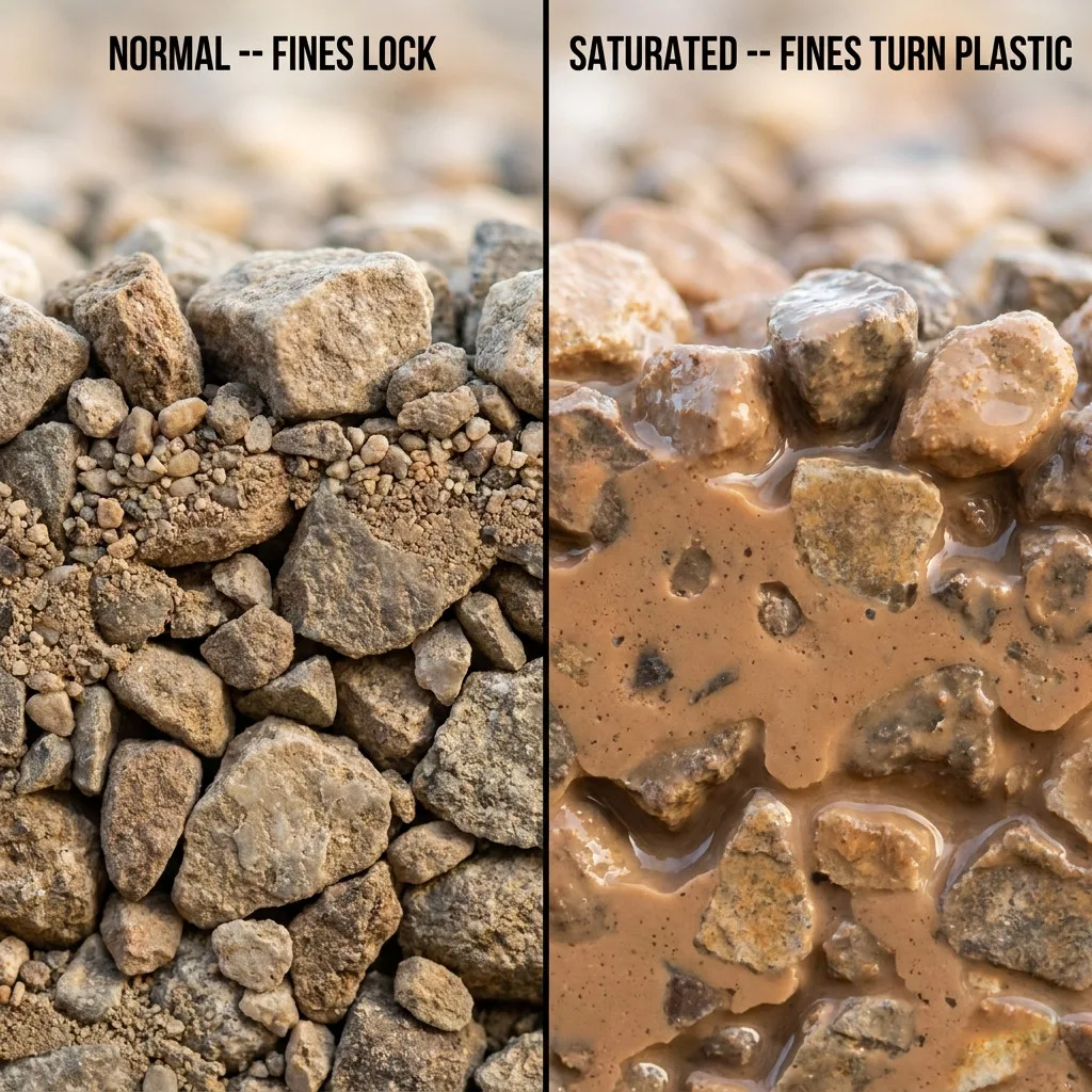 Macro diptych comparison: left half shows tightly-locked dry ABC gravel with fine mineral dust filling voids between stones; right half shows the same gravel saturated, stones floating in terracotta-red mud paste with fines squeezed out