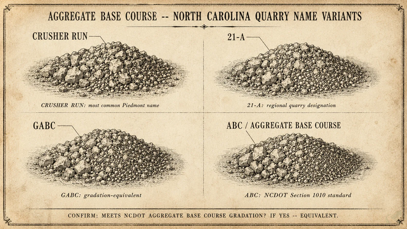Vintage engraving field-guide plate showing four NC quarry names for the same material -- Crusher Run, 21-A, GABC, and ABC -- each labeled over an etched stone-pile specimen with italic notes confirming NCDOT gradation equivalence