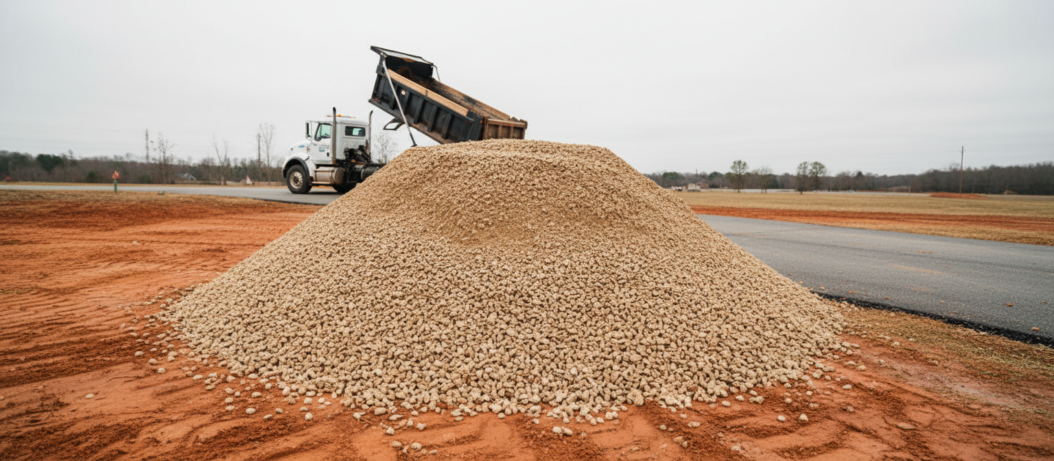 NC driveway ABC gravel delivered -- tan aggregate pile on red clay beside drive