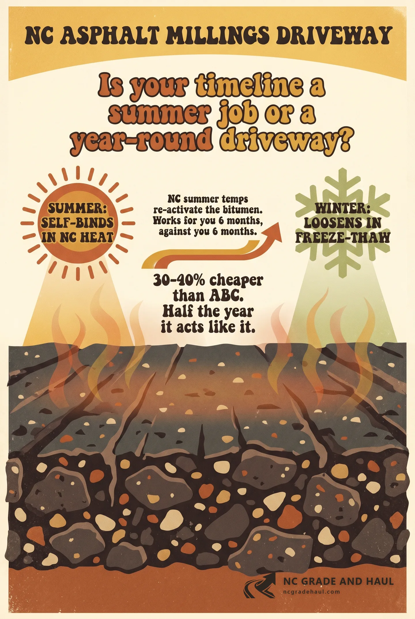 Asphalt millings cost less than ABC and self-bind in NC summer heat — but loosen in winter. When the cheaper material is the right call, and when the discount becomes a cold-morning gravel parking lot.