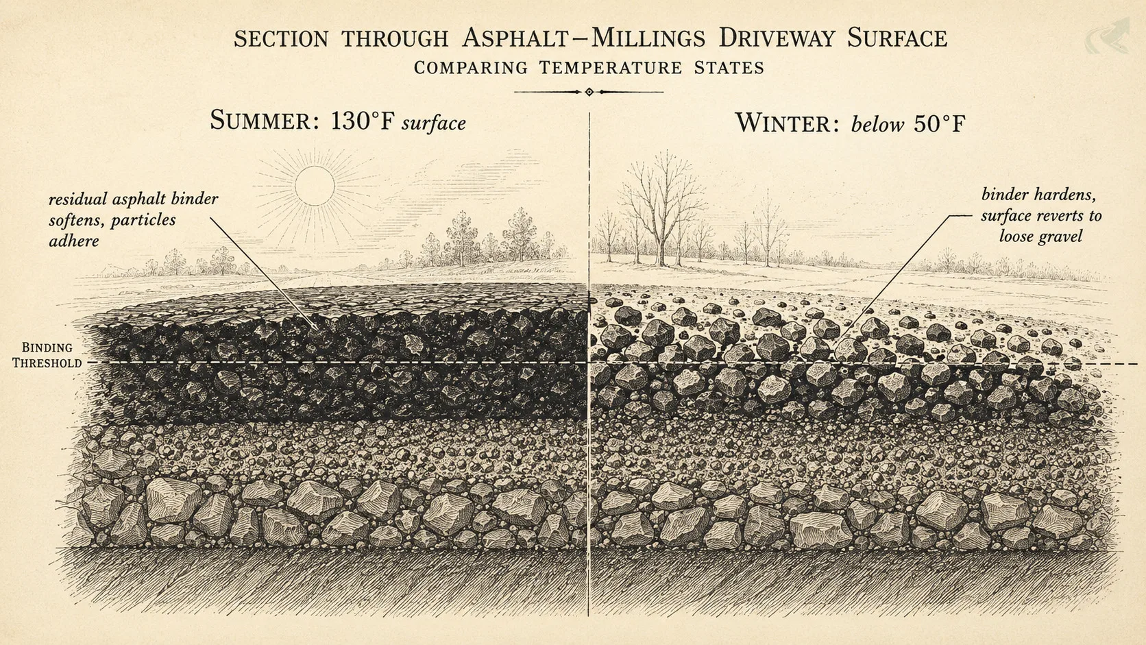 Field-guide cross-section showing asphalt millings bound in summer heat versus loose in winter cold, with labels for residual asphalt binder behavior at each temperature state