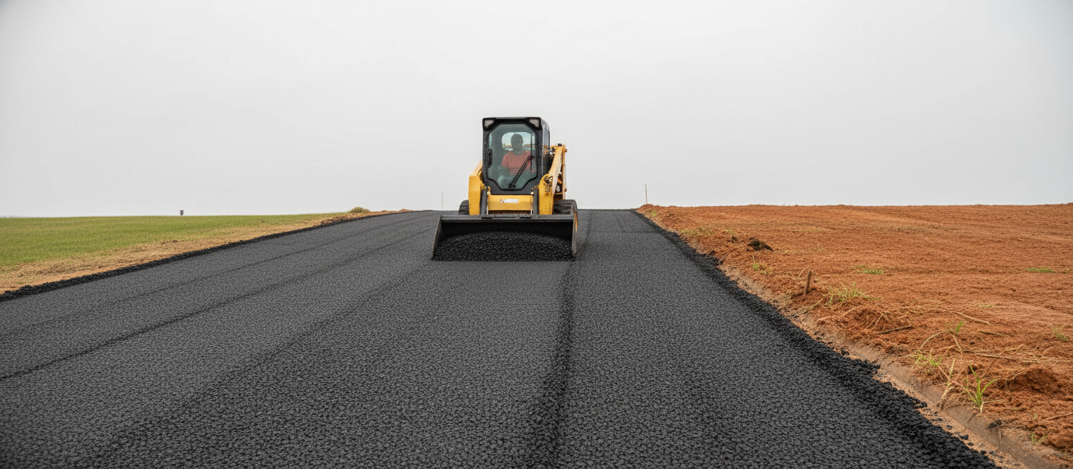 NC driveway asphalt millings -- skid steer spreading recycled paving material on clay