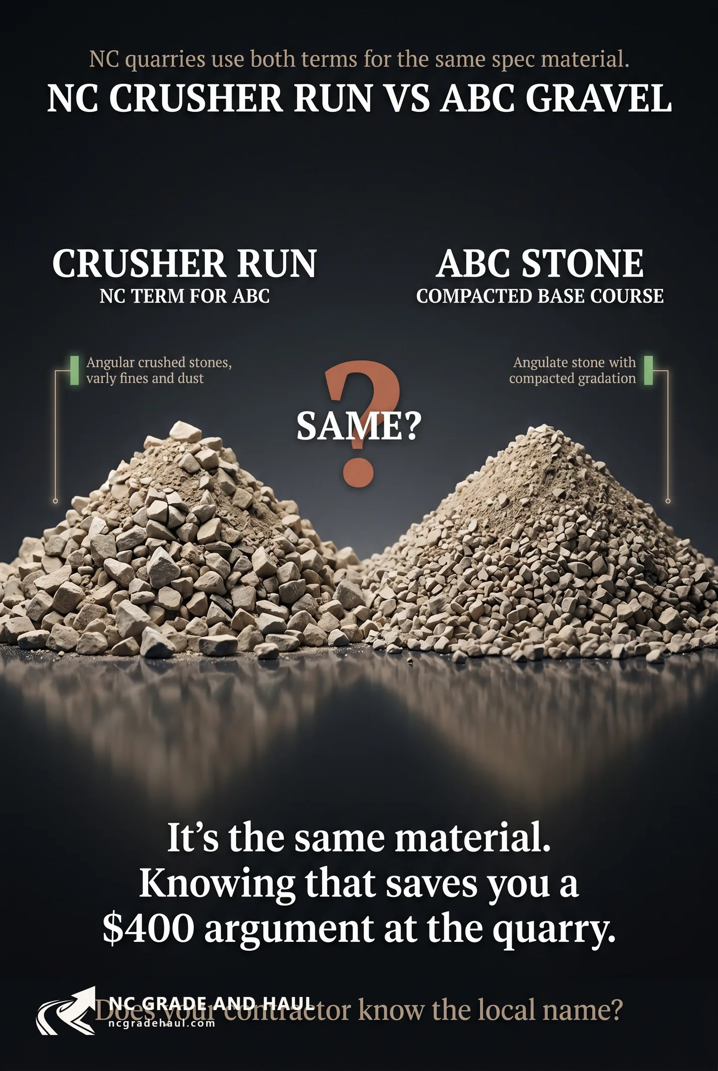 Crusher run vs ABC gravel: the NC naming difference, when they're the same material, and which actually stabilizes NC clay under a driveway base.
