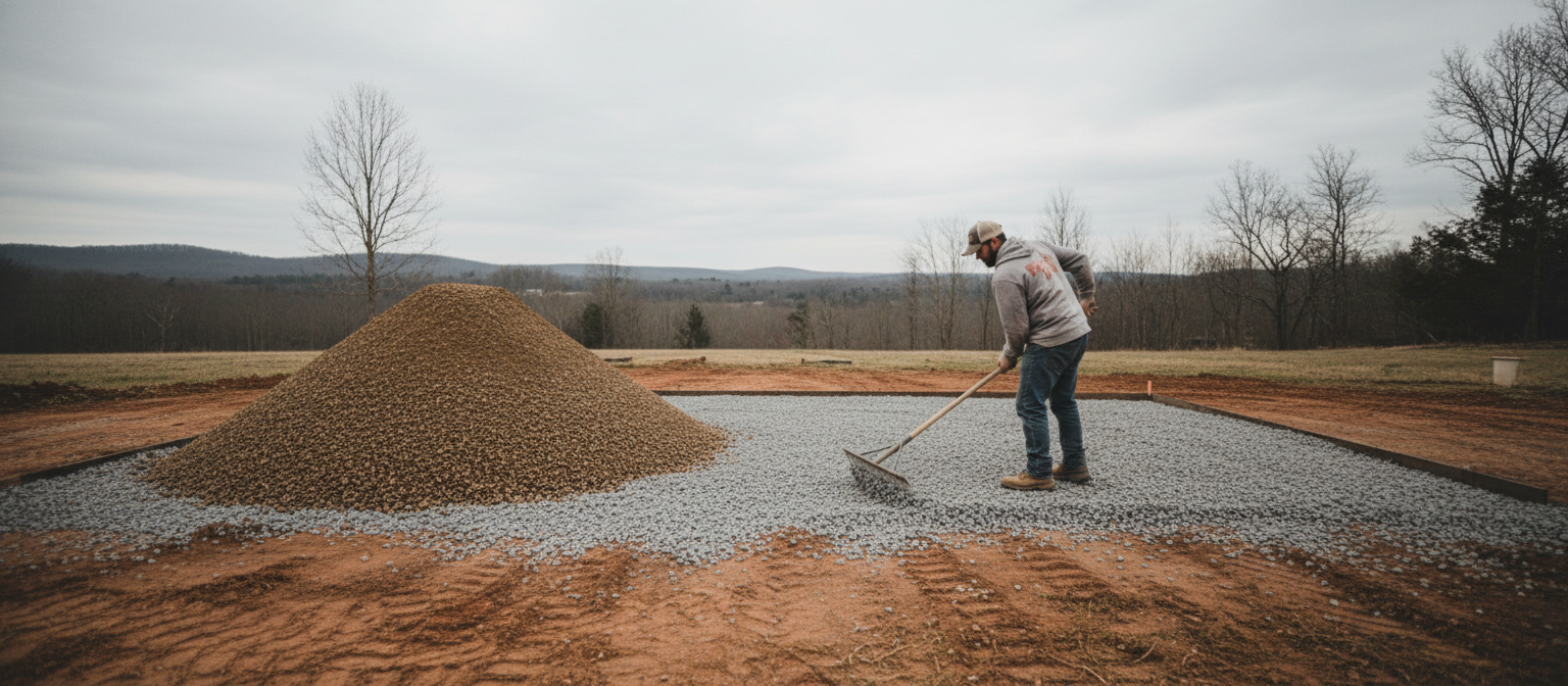 NC driveway crusher run vs ABC -- two aggregate piles staged for comparison