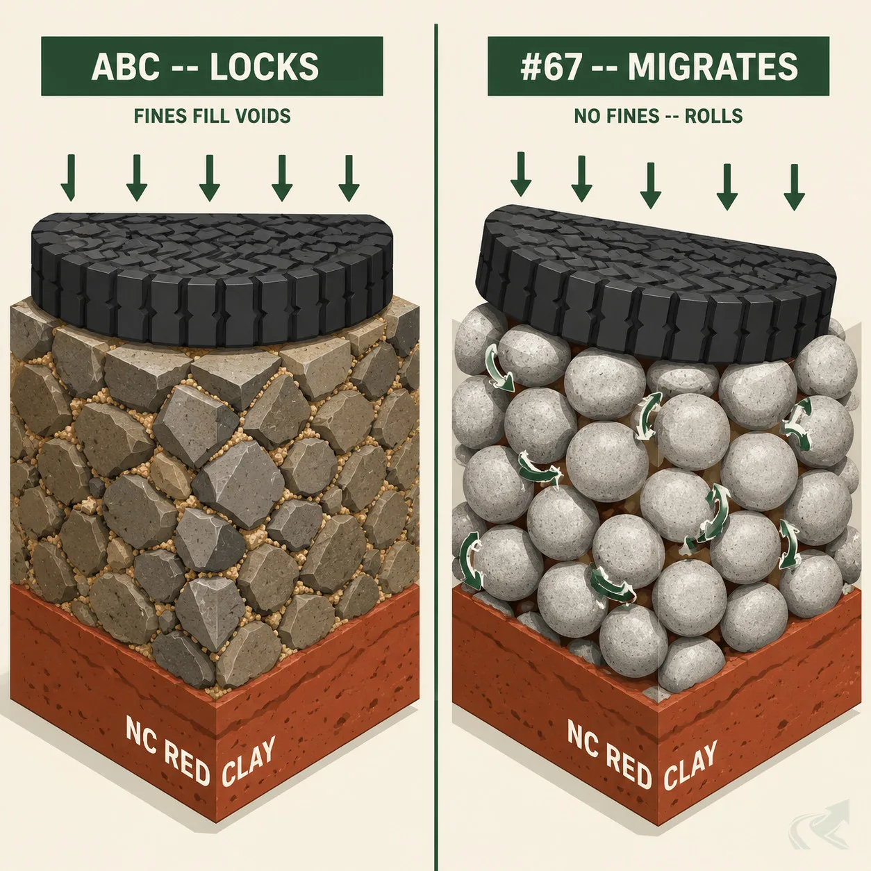 Isometric side-by-side comparison: left panel shows ABC aggregate with angular stones and fines filling voids, labeled ABC -- LOCKS, with a tire pressing down and particles held immobile; right panel shows #67 washed stone with uniform round spheres and rotation arrows showing stones rolling under a tire, labeled #67 -- MIGRATES, both panels on NC red clay subgrade