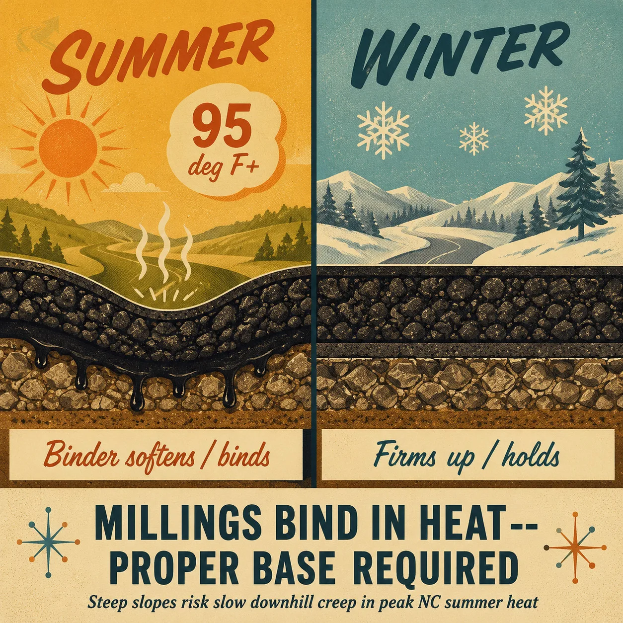 1950s-style split panel illustration comparing asphalt millings behavior in summer versus winter: left panel shows softened surface binding in 95-degree heat, right panel shows firm surface in cool temperatures
