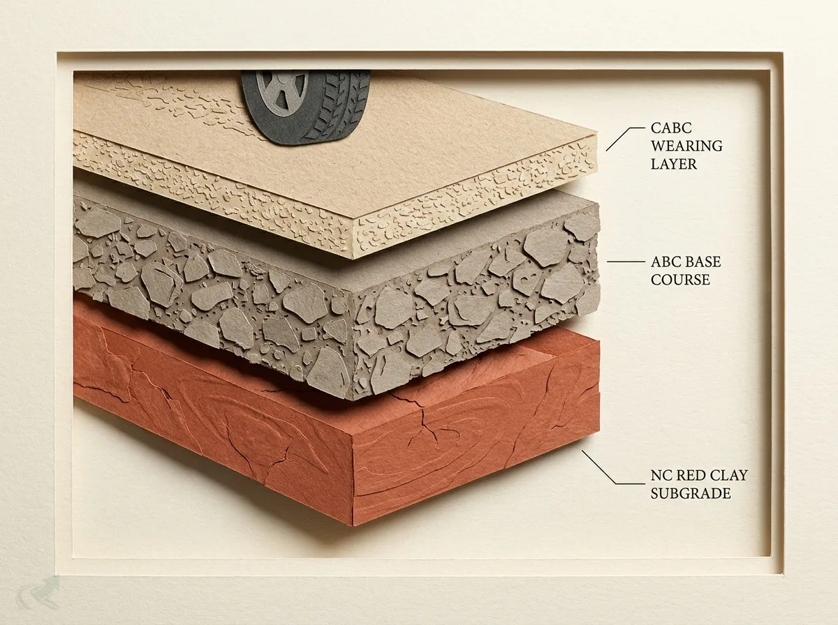 Papercraft cross-section of an NC gravel driveway showing three stacked layers: CABC wearing layer on top, ABC base course in the middle with visible angular stone and fines, and NC red clay subgrade at the bottom, with a vehicle tire resting on the surface