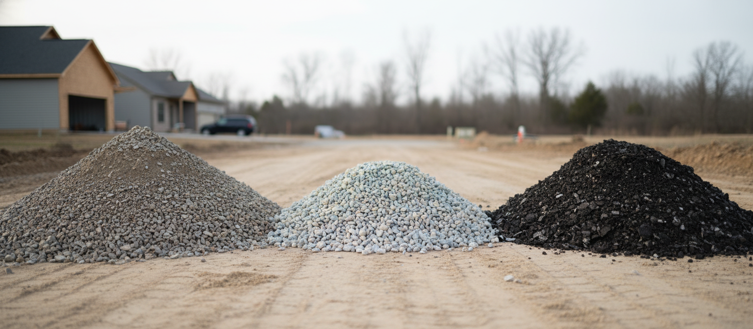 NC driveway gravel — three aggregate grades staged on bare subbase