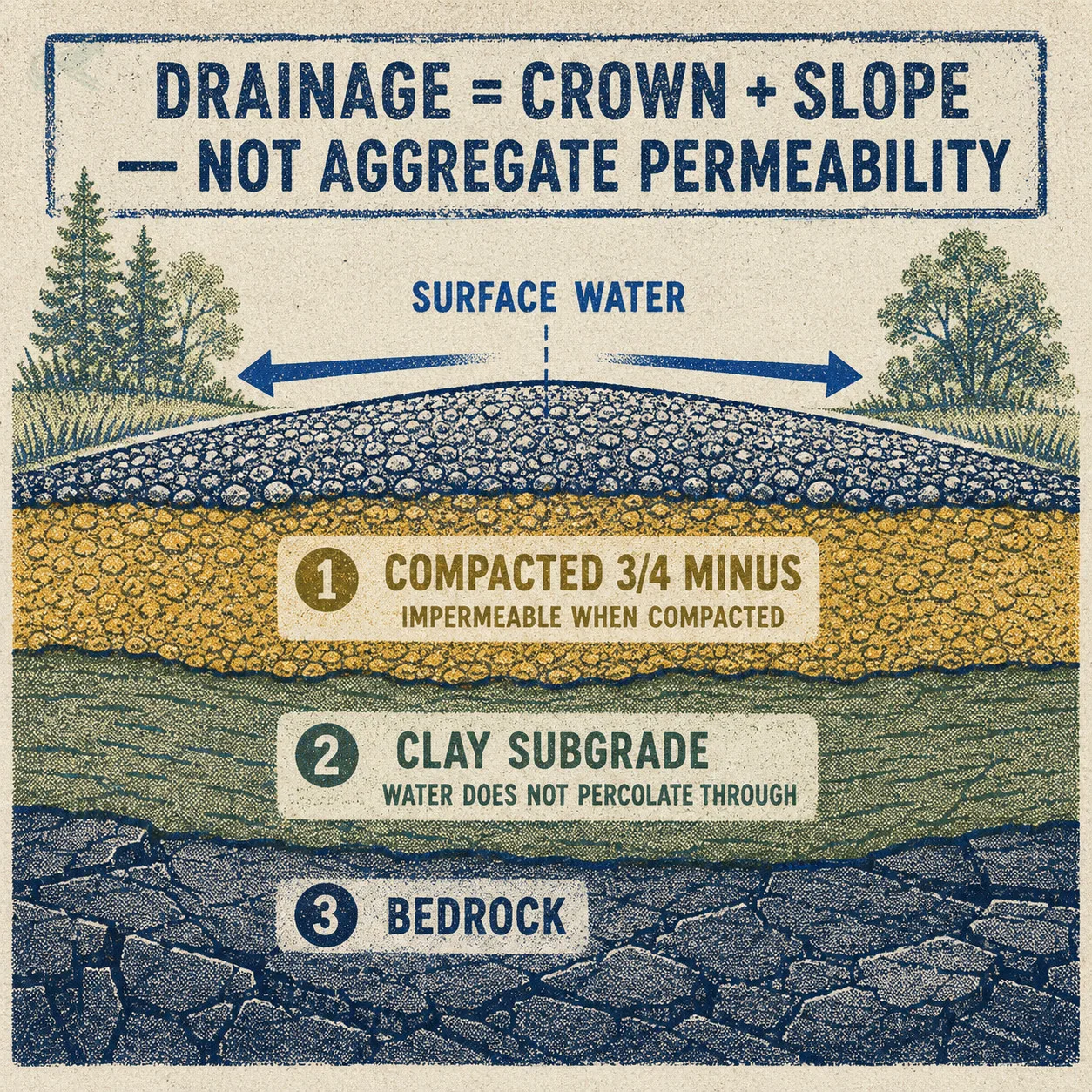 Risograph-style cross-section of a compacted 3/4 minus driveway on NC clay showing surface water running off the crown rather than percolating through the aggregate