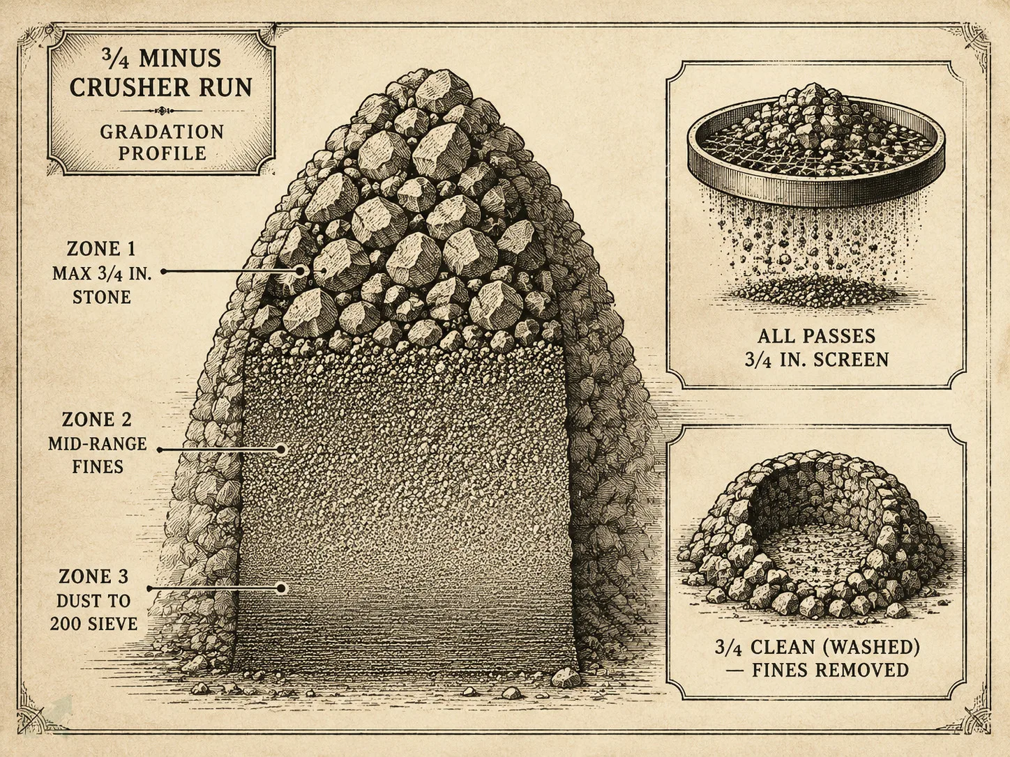 Field-guide cross-section of 3/4 minus crusher run gradation showing three zones from coarse stone down to dust-sized fines, with a screen inset