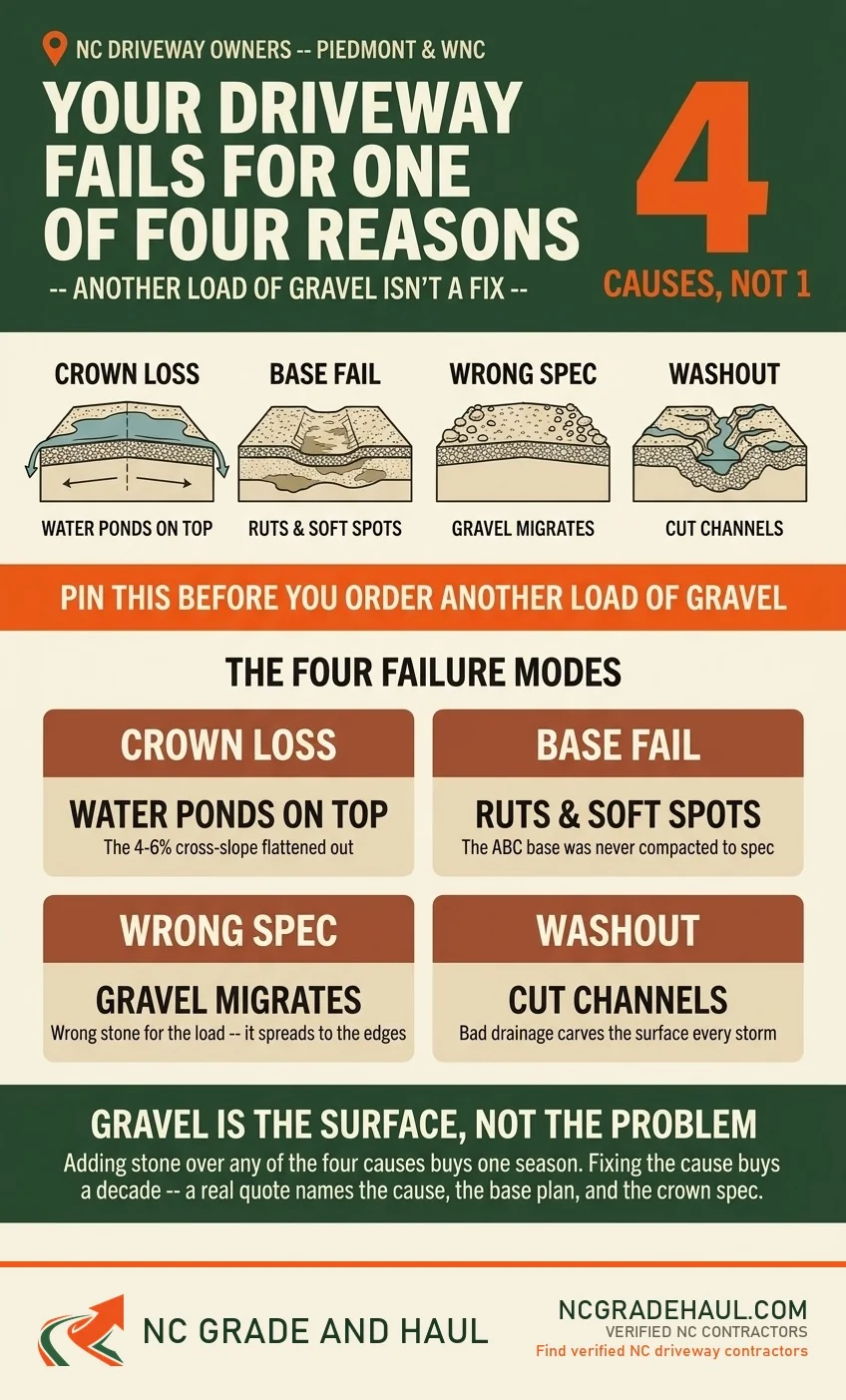 NC Grade and Haul infographic: Your driveway fails for one of four reasons -- crown loss (water ponds on top), base failure (ruts and soft spots), wrong gravel spec (gravel migrates to the edges), or washout (cut channels from bad drainage). Gravel is the surface, not the problem -- adding stone over any of the four causes buys one season; fixing the cause buys a decade.