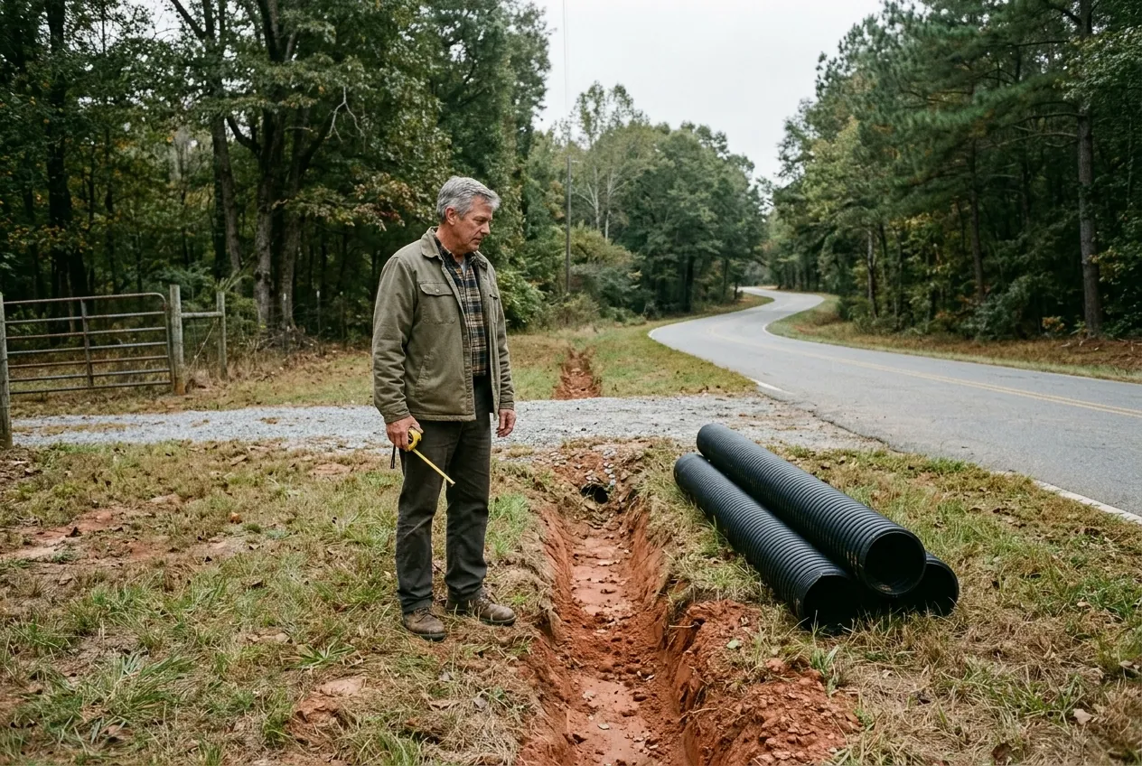 A homeowner in work boots and a canvas jacket stands beside a freshly dug roadside ditch in red clay, a tape measure in his hand, with three lengths of black corrugated drainage pipe lying on the grass at the mouth of a gravel driveway.