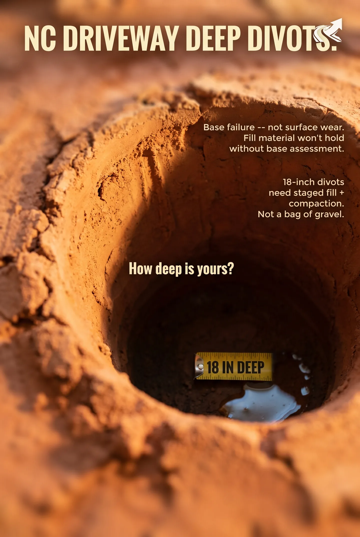 Deep driveway voids need fill dirt, stone, or flowable fill — in the right sequence. How NC washouts cut to red clay, what base assessment looks like, and the repair sequence that holds.