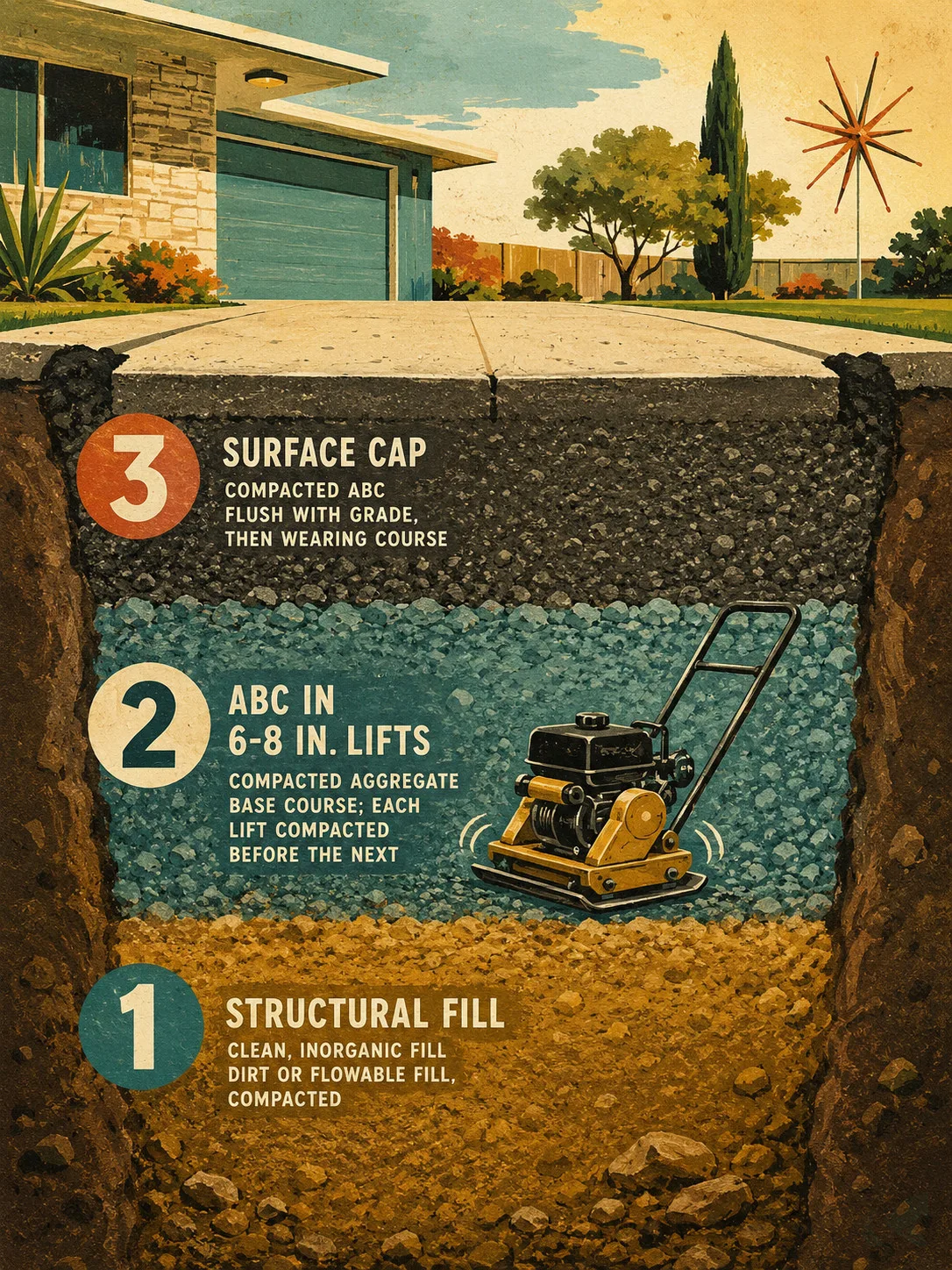 Three-zone fill sequence for an 18-inch to 2-foot NC driveway void: structural fill bottom, ABC in compacted lifts, surface cap