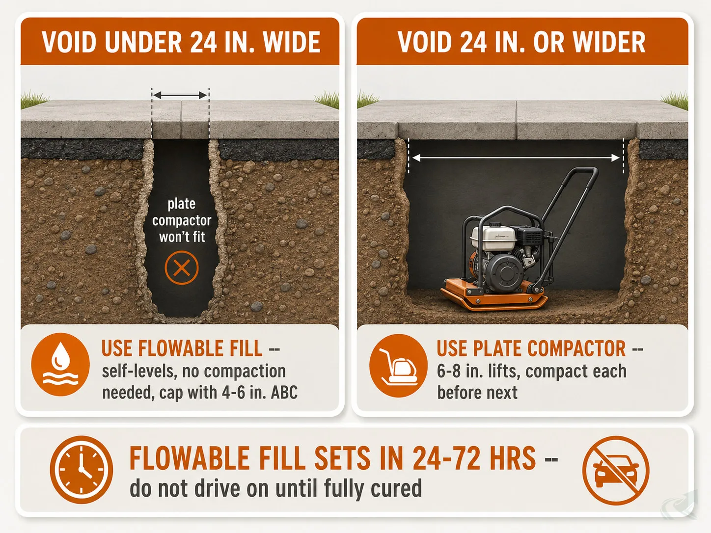Bento-grid comparison of when to use flowable fill versus a plate compactor for NC driveway void repair based on void width