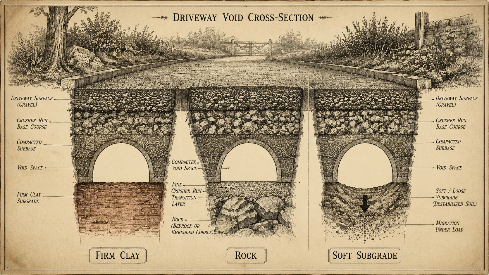 Cross-section diagram of three NC driveway void bottom conditions: firm clay, exposed bedrock, and soft destabilized subgrade