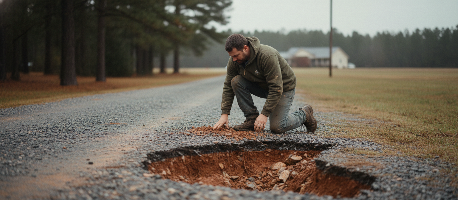 NC driveway deep divot washout repair -- worker assessing 18-inch erosion hole