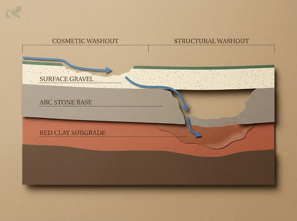 Cross-section diagram showing cosmetic washout (water over surface only) vs structural washout (water tunneling through ABC stone base and red clay subgrade)
