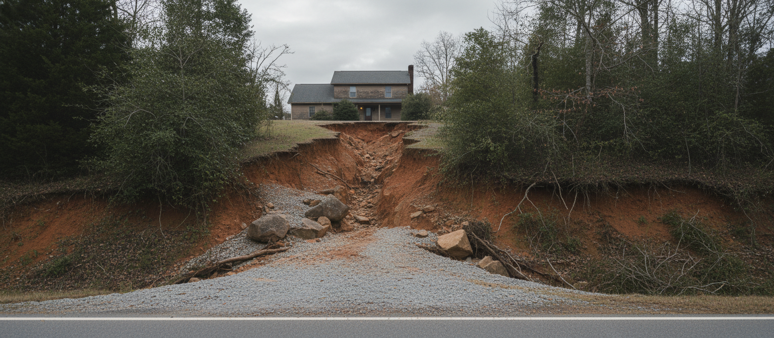 NC driveway washout — deep erosion channel cut through gravel to subgrade