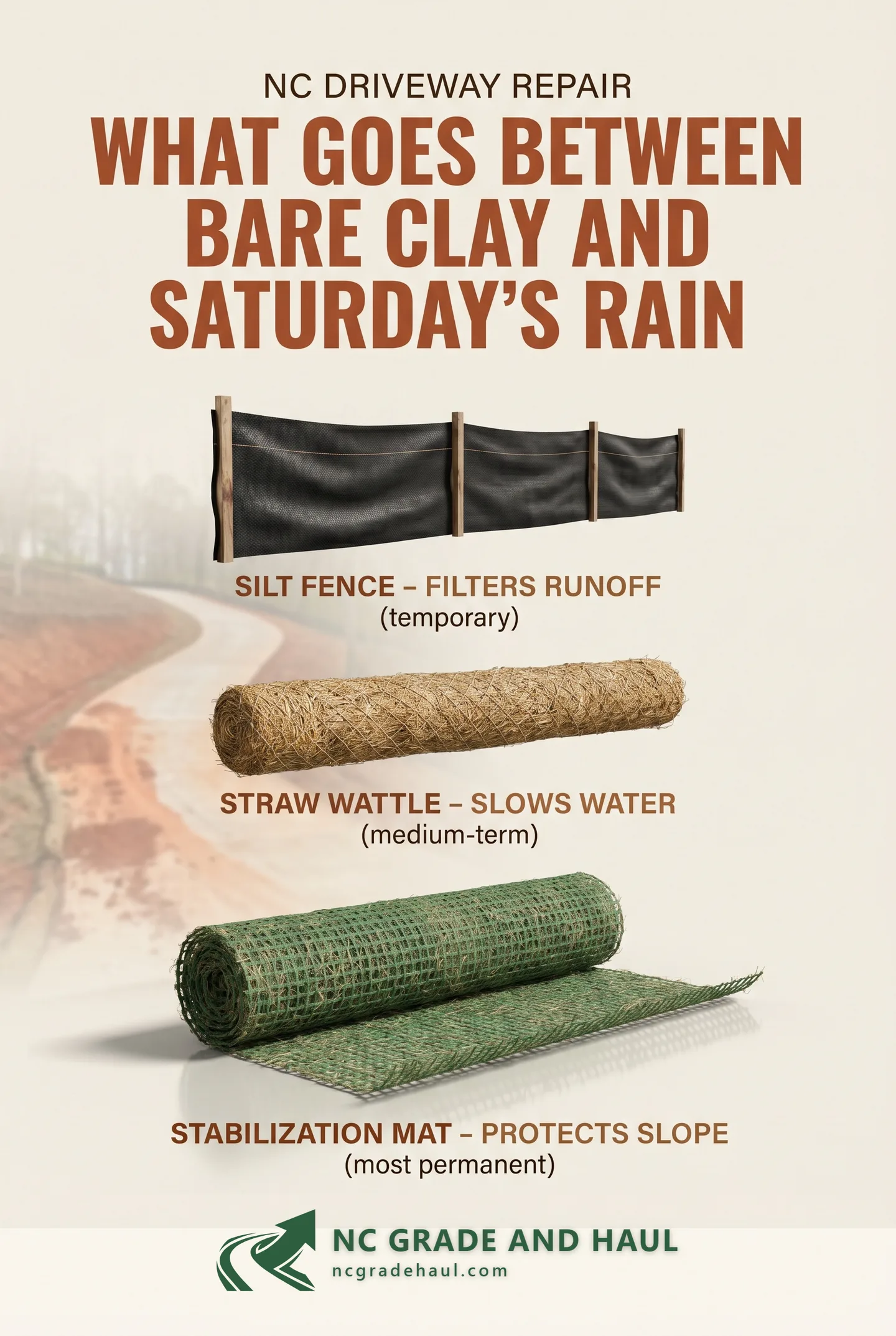 Three erosion-control barriers for NC driveway washout repair: silt fence (filters runoff), straw wattle (slows water), stabilization mat (protects slope). They protect the repair until vegetation or compaction takes over.