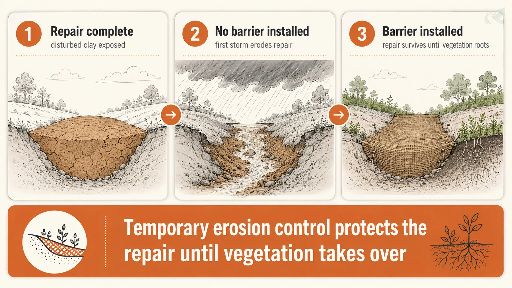 Three-card bento grid showing: repair complete with bare clay exposed, then two outcomes — no barrier means storm erodes the repair, barrier installed means repair survives until vegetation roots