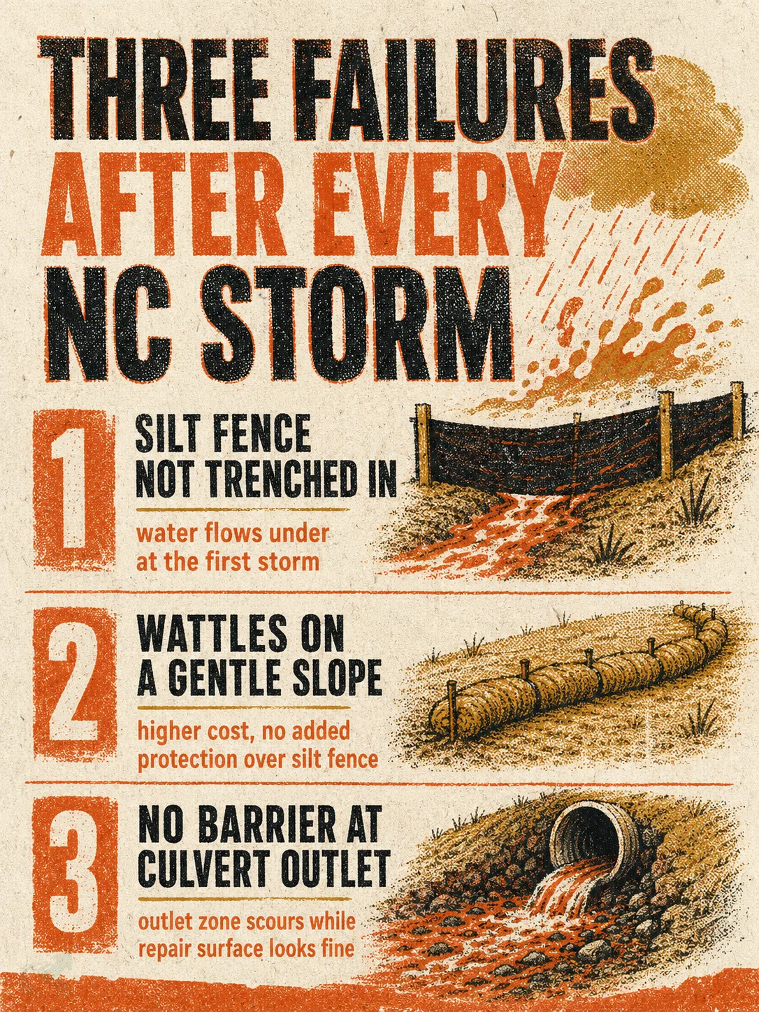 Risograph-style checklist poster titled 'Three Failures After Every NC Storm' listing: silt fence not trenched in, wattles on a gentle slope, and no barrier at culvert outlet — each with a one-line consequence