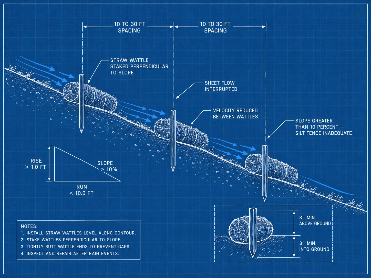 Blueprint cross-section of a slope above 10 percent grade with three straw wattles staked perpendicular across the face, showing sheet-flow arrows slowing at each barrier, annotated with 10 to 30 ft spacing and velocity-reduction notes