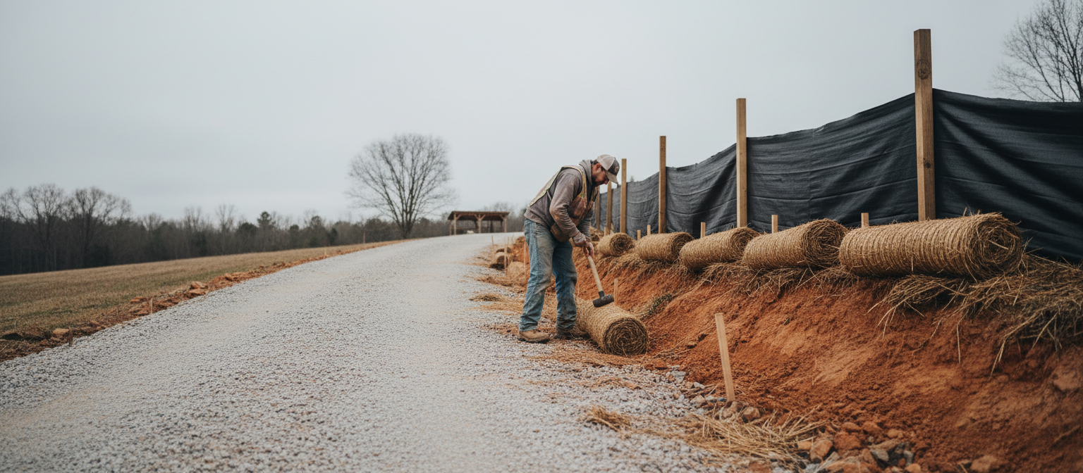NC driveway erosion barrier install -- silt fence and wattle on sloped gravel drive