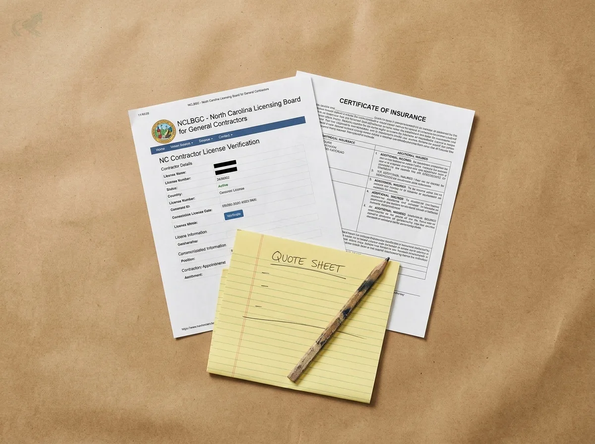 Flat-lay of three contractor vetting documents on kraft paper -- an NC contractor license verification printout from NCLBGC showing Active status, a Certificate of Insurance with Additional Insured visible, and a blank quote sheet on a yellow legal pad with a carpenter's pencil