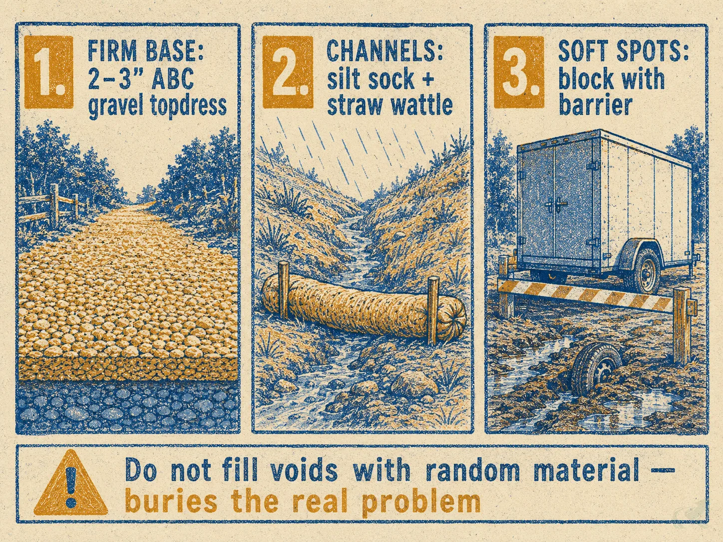 Risograph-style three-panel illustration of temporary WNC driveway stabilization steps while waiting for a contractor: panel 1 shows a 2 to 3 inch ABC gravel topdress on a firm intact base, panel 2 shows a silt sock and straw wattle placed across a drainage channel on a steep slope, panel 3 shows a trailer blocking a soft section to prevent vehicles from deepening the damage