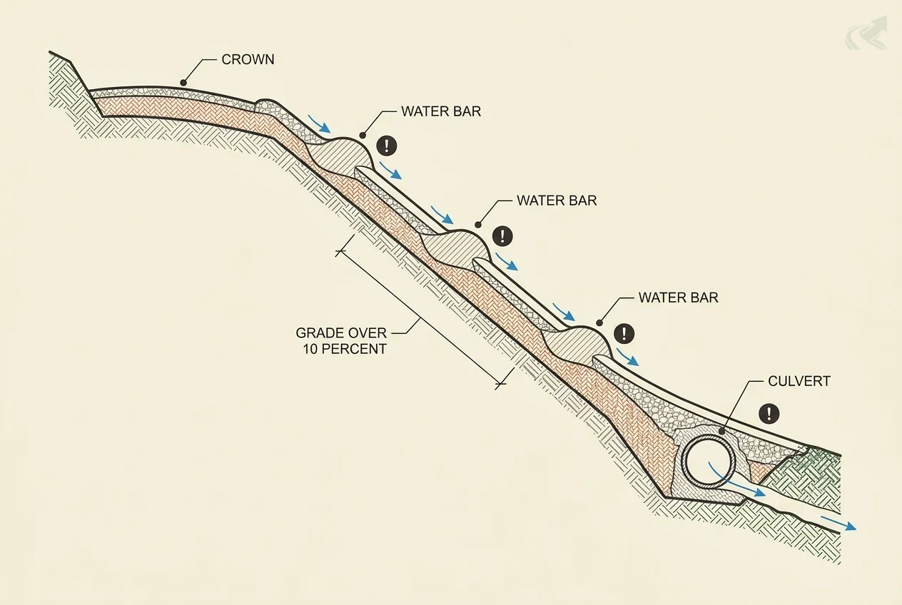 Cross-section schematic of a steep western North Carolina mountain driveway showing the crown profile, three water bars placed perpendicular across the slope to divert runoff, and a culvert at the base of the driveway.