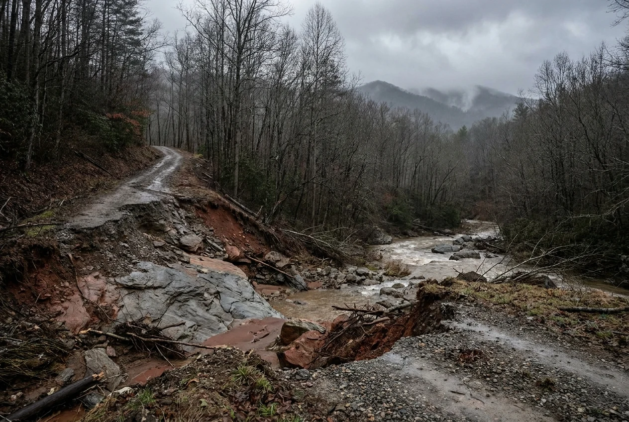 A washed-out western North Carolina mountain driveway with grey rock base exposed where gravel and red clay were scoured away, a swollen creek running close behind in steep forested terrain.