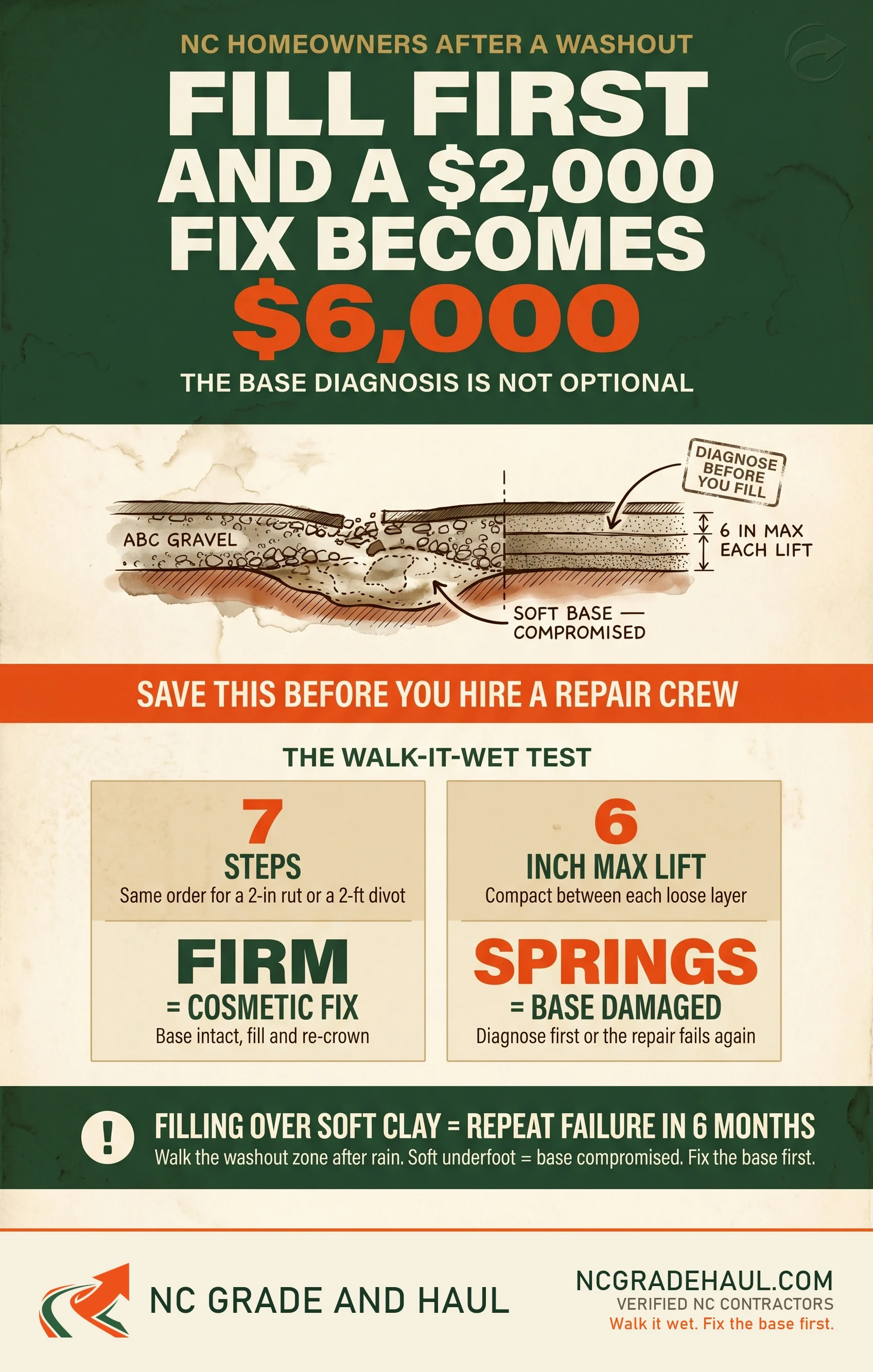 How to repair a washed out gravel driveway - NC Grade and Haul infographic.
