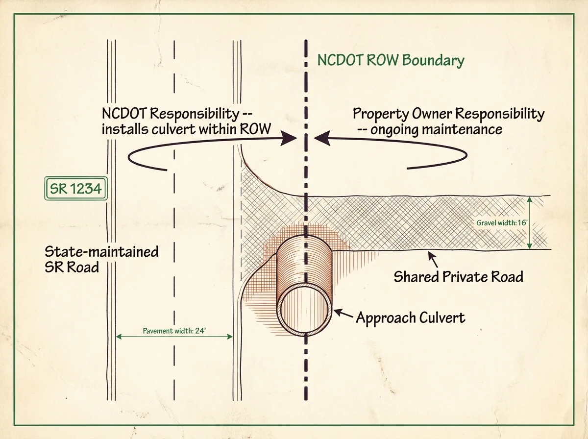 Top-down schematic diagram showing the junction of a state-maintained SR road and a private shared gravel road, with the approach culvert labeled at the NCDOT right-of-way boundary and arrows indicating NCDOT installs within ROW while property owner is responsible for ongoing maintenance.