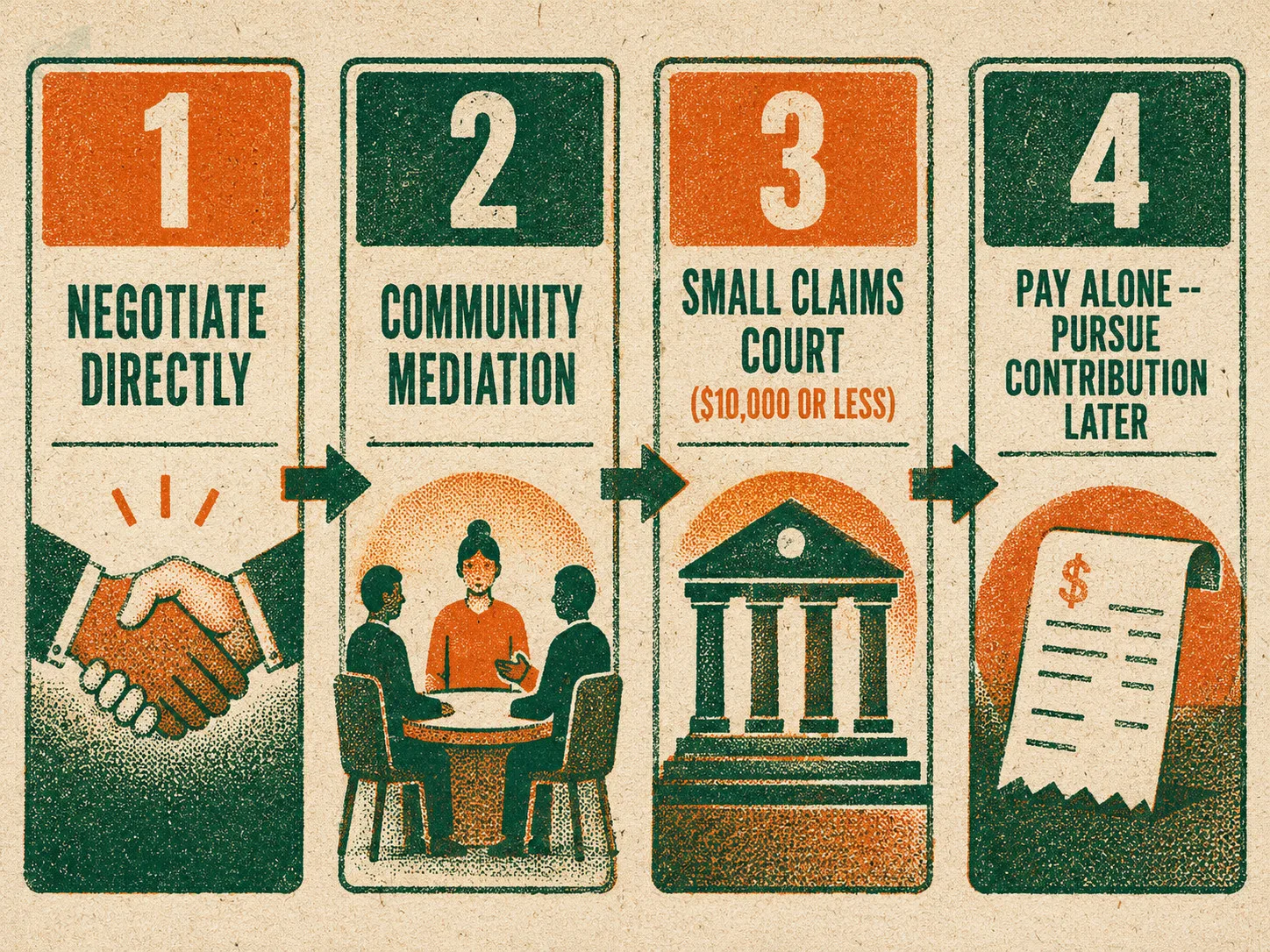 Risograph-style four-step diagram showing private road cost dispute options: negotiate directly, community mediation, small claims court for amounts $10,000 or less, and pay alone then pursue contribution
