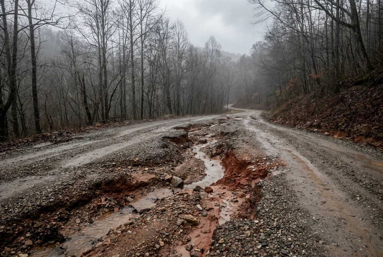 A washed-out shared private gravel access road in a western North Carolina mountain setting, deep erosion runoff channels cut into the surface exposing red clay, no route sign anywhere.
