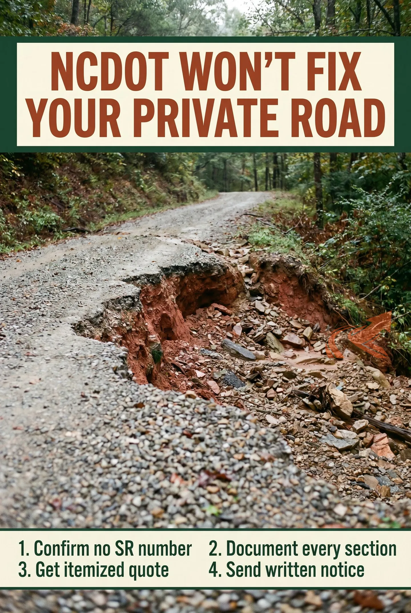 Who pays for private road washout repair in NC when there's no NCDOT timeline -- the responsibility line and cost-split rules for shared roads