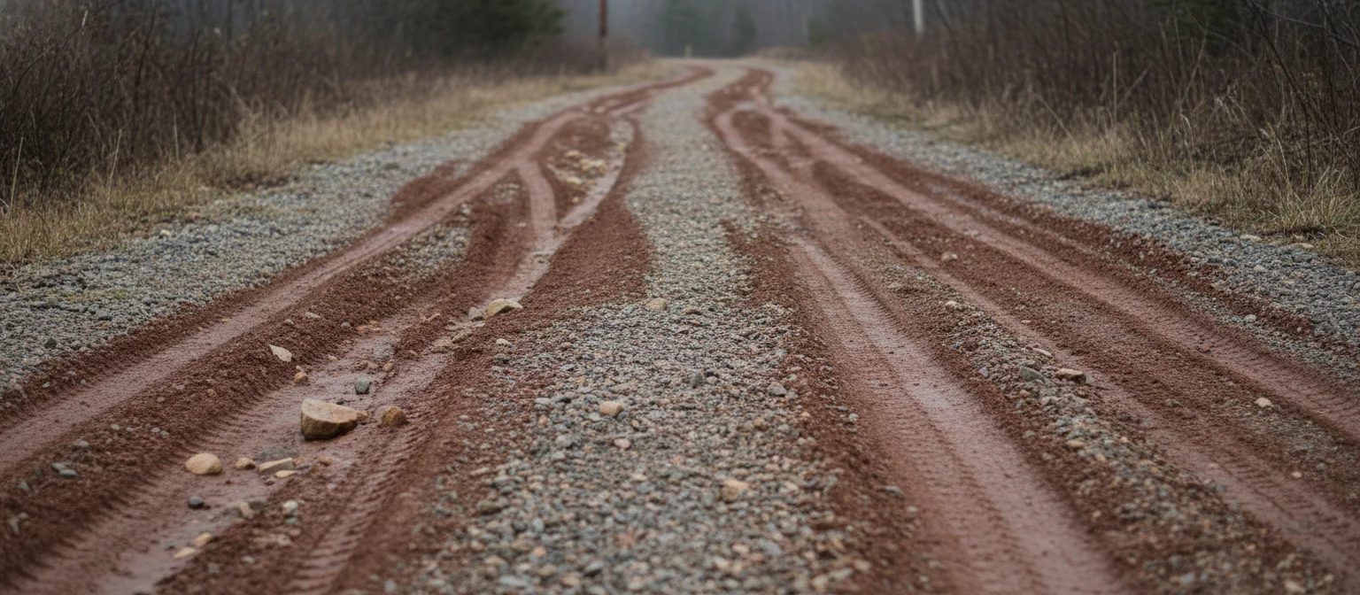 NC private road washout repair -- rutted shared gravel drive with runoff channels