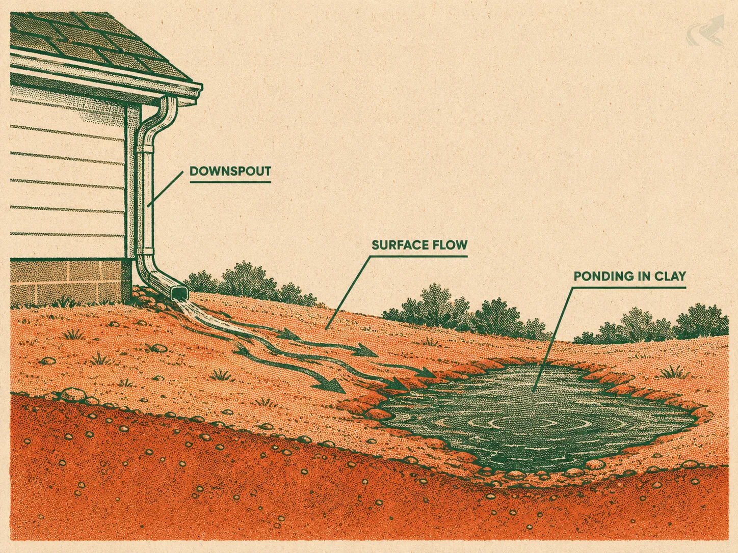 A riso-print diagram tracing roof and yard water from a downspout across the surface of a red-clay lot to a low spot where it ponds