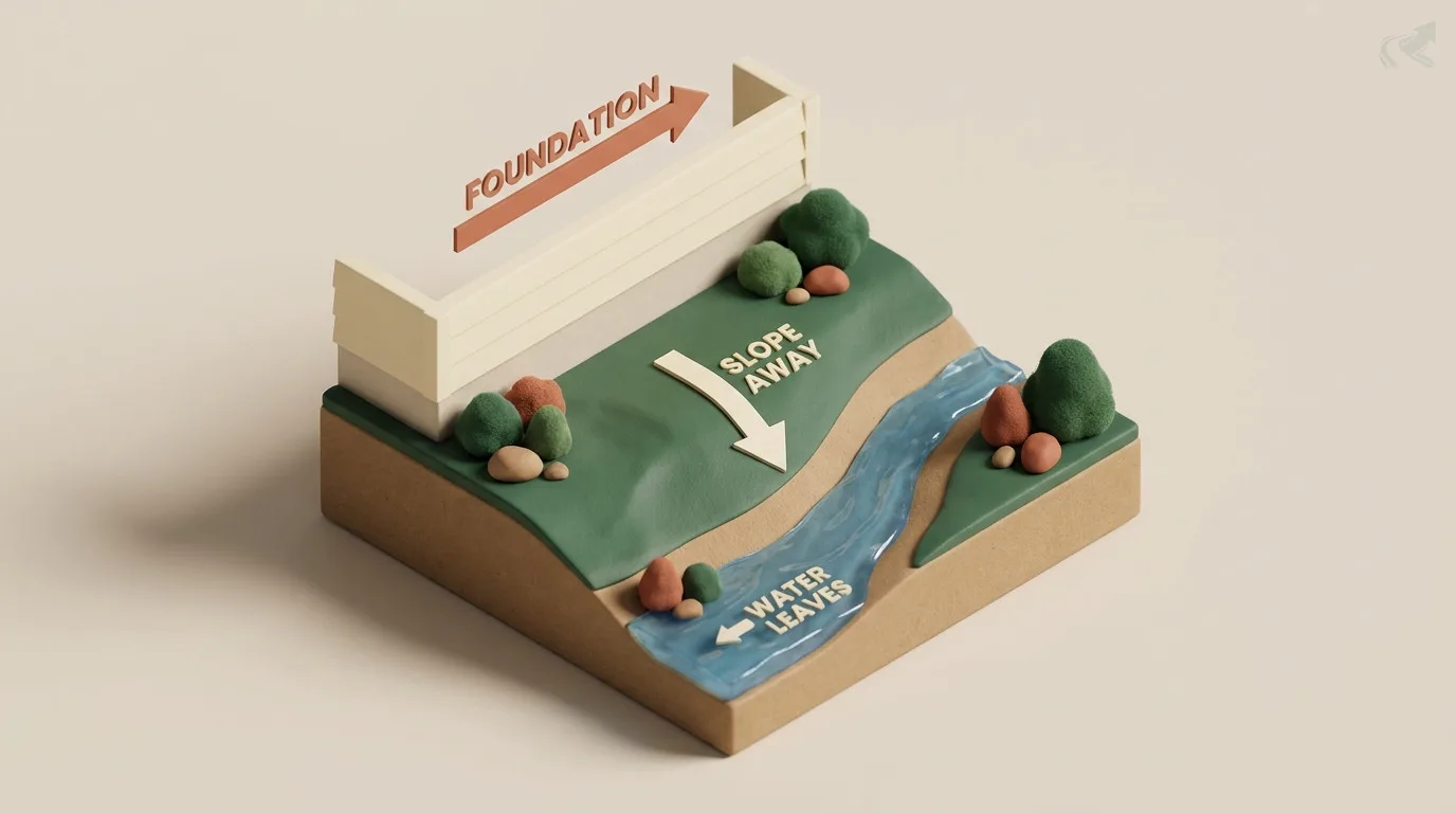 A miniature model of ground beside a house foundation regraded to fall away from the wall, with water running away from the building