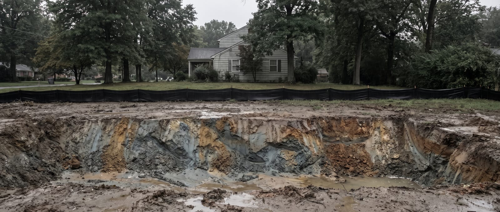 A graded residential lot in Durham County showing dense grey-blue Triassic Basin clay mixed with red Piedmont soil, silt fence along the boundary under an overcast sky