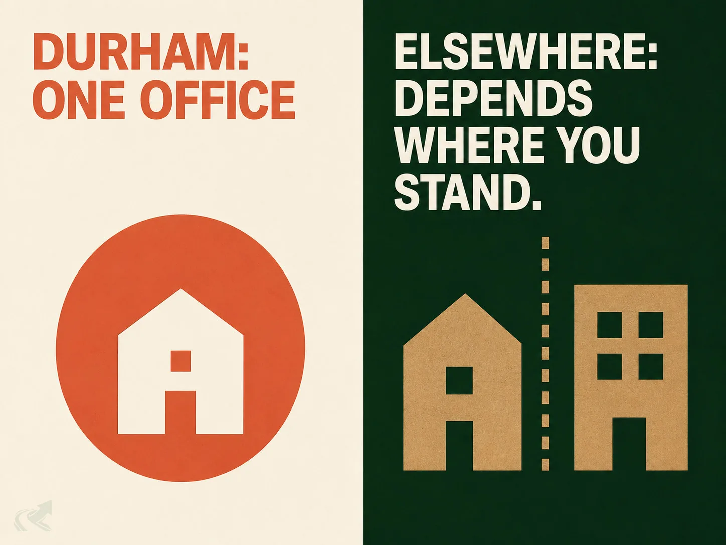 A bold poster contrasting Durham's single joint permitting office against the more common arrangement where the answer depends which side of a municipal line you stand on