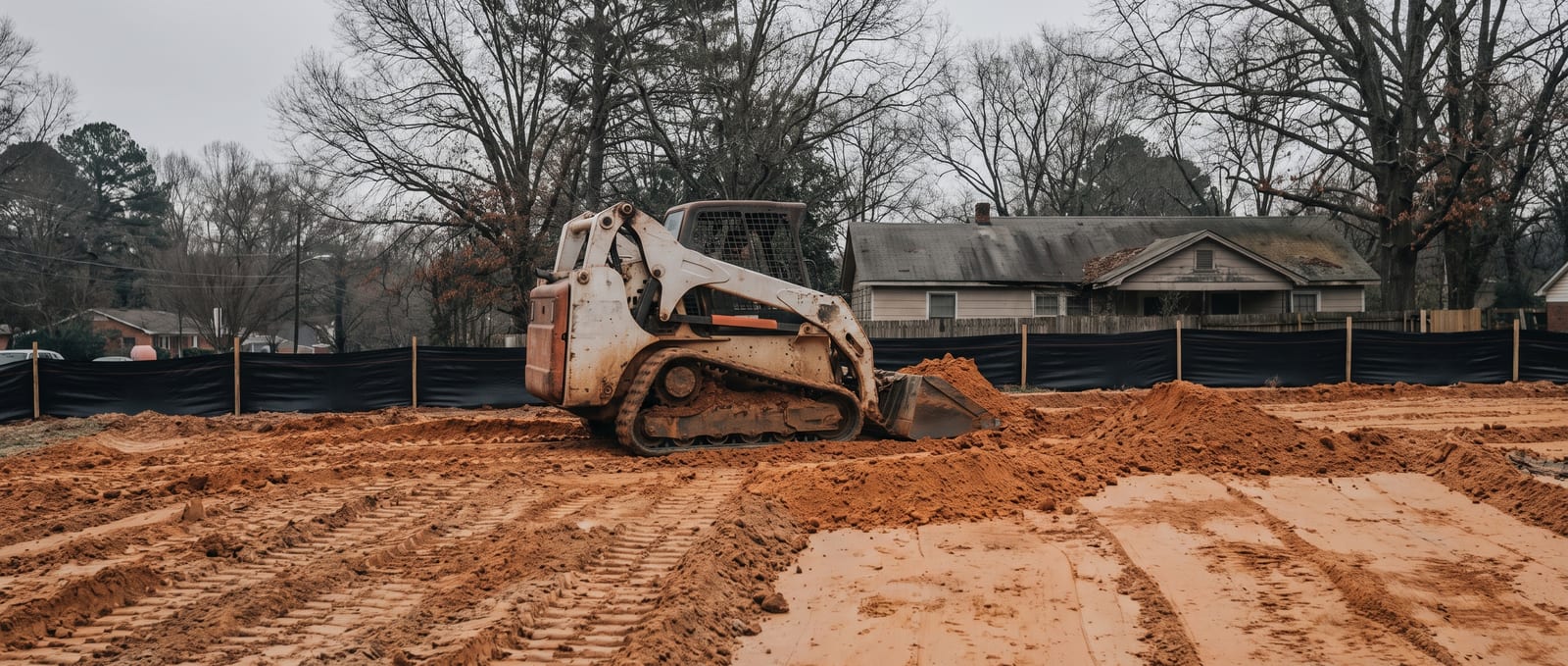 A compact track loader shaping red-clay ground beside a Durham house, silt fence along the boundary and mature hardwoods behind, under flat overcast light