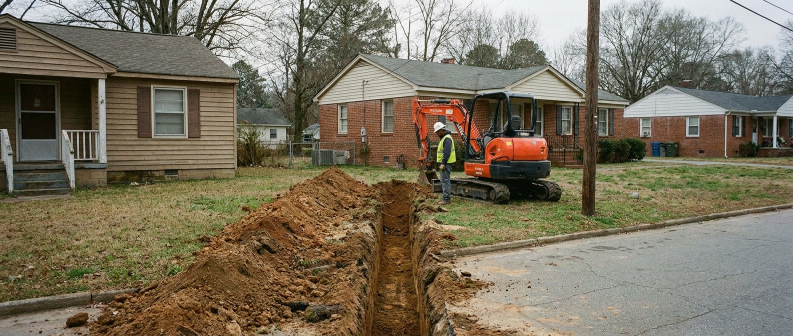 Durham NC septic-to-sewer -- open lateral trench across a front yard