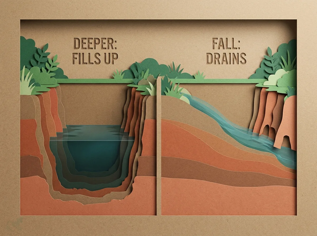 A layered paper-cut comparison of two trenches in clay: a deep one standing full of water beside a shallower one falling toward an outlet and running clear