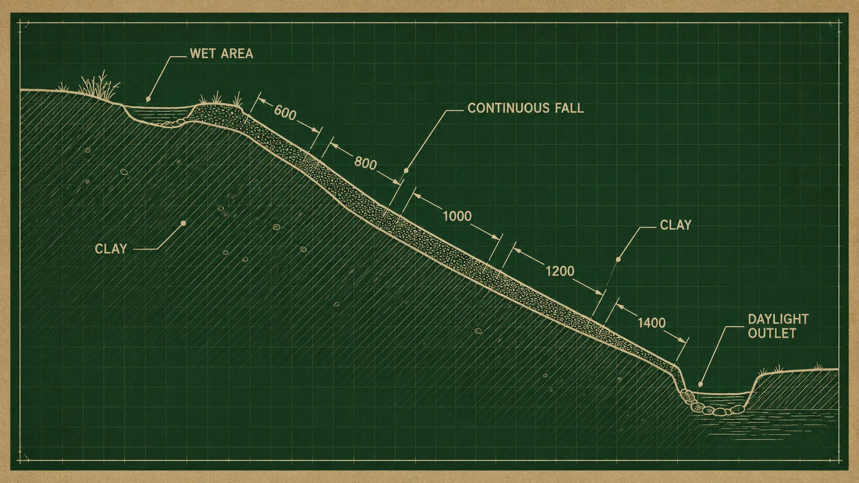 A blueprint cross-section of a clay drainage run falling continuously from a wet low spot to a daylight outlet at a lower bank, dense clay hatched either side