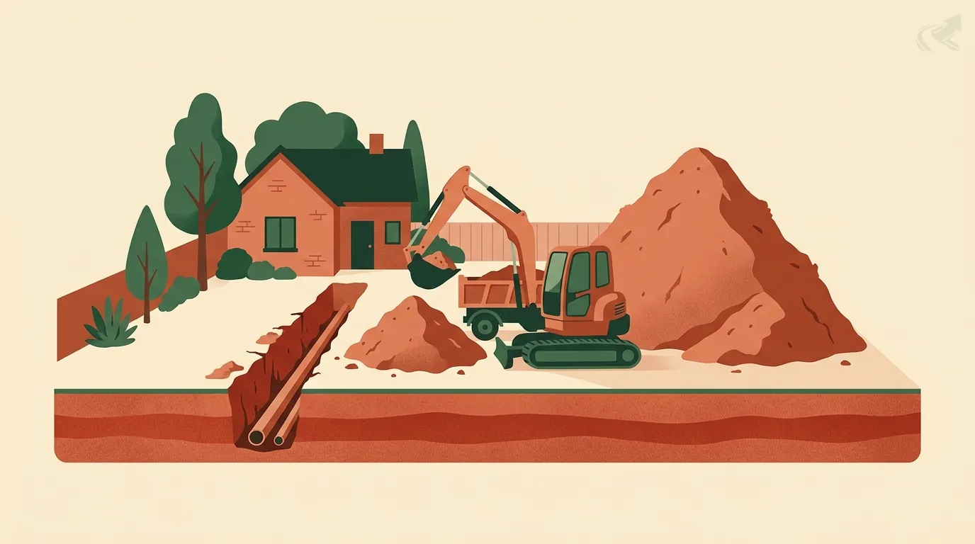 Illustration of a narrow pipe trench in red clay with a small pile of dug dirt beside it, a compact excavator loading a dump truck, and a much larger heap of dirt that clearly will not fit back in the trench.