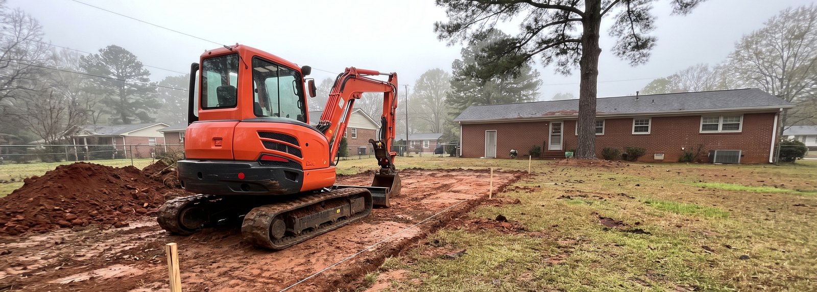 A compact excavator sitting idle on bare red clay beside a line of string and wooden stakes marking a future trench across a North Carolina lawn, a small mound of fresh dirt to one side and a brick ranch house behind.